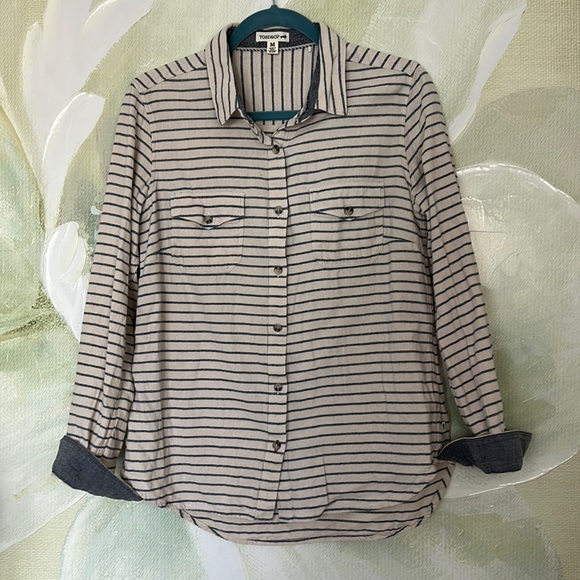 Toad&co organic‎ cotton button down cream blue medium EUC - Picture 1 of 9